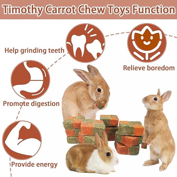 Fhiny 12 PCS Rabbit Carrots Chew Toys, Natural Timothy Hay Biscuit Cubes Rabbit Carrot Molar Treats Small Pet Snacks for Bunny Hamster Chinchilla Guinea Pig or Other Small Animals-PawvioPets