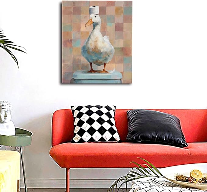 Funny Duck Bathroom Wall Art Cute Duck on Toilet Canvas Wall Decor Funny Quirky Farm Animal Pictures Painting Print Framed Artwork Decorations Gifts for Bathroom 20"x24"-PawvioPets