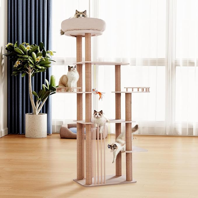 68" Large Cat Tree, Solid Wood Multi-Level Cat Tower with Scratching Posts, Fun Toys, and Washable Plush Platform for Indoor Cats-PawvioPets