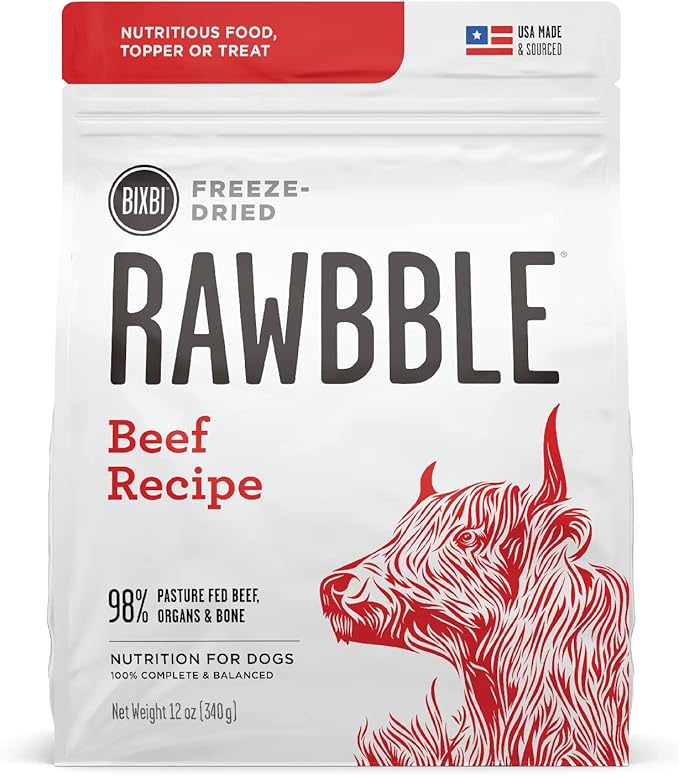 BIXBI Rawbble Freeze Dried Dog Food, Beef Recipe, 12 oz - 98% Meat and Organs, No Fillers - Pantry-Friendly Raw Dog Food for Meal, Treat or Food Topper - USA Made in Small Batches-PawvioPets