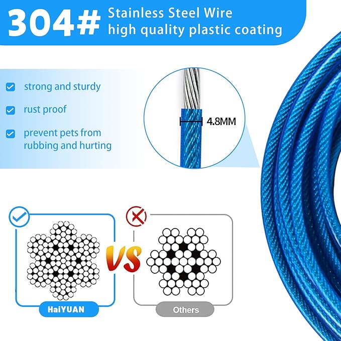 Dog Tie Out Cable - 10/15/20/25/30 FT Blue Steel Wire Cable with Durable Clips - Large Dog Lead for Outside Use - Up to 165 lbs-PawvioPets