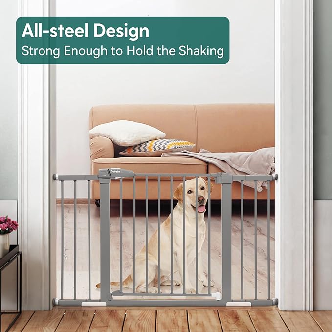 Babelio Metal Baby/Pet Gate, 29-48'' Auto Close Easy Install, Extra Wide Walk Thru for Child Safety, Pressure Mounted Dog Door for Doorways & Stairs, with Y Spindle Rods, Grey-PawvioPets