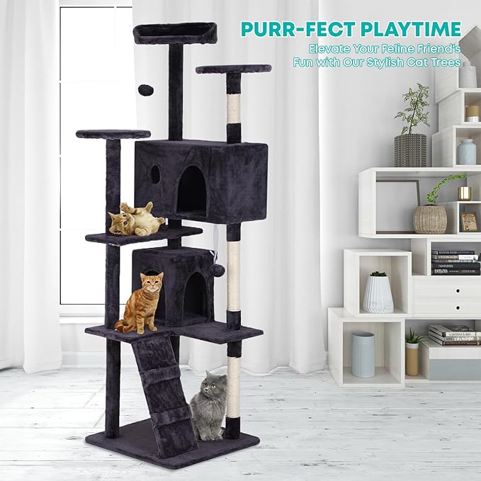 FDW Cat Tree 70in Cat Tower Multi-Level Durable Cat Scratching Post & Cozy Fun Cat Jumping Platform Space Saving Cat Condo Pet Play House for Indoor Cats,Ashy-PawvioPets