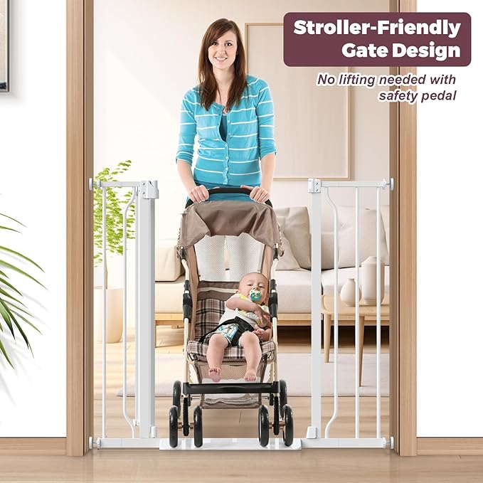 34" Extra Tall Baby Gate for Stairs, Auto Close Stroller Friendly Dog Gate Indoor for Doorways, Pressure Mounted 29"-40" W Baby Gate, Easy Walk Through Gate for Children & Pets, White-PawvioPets