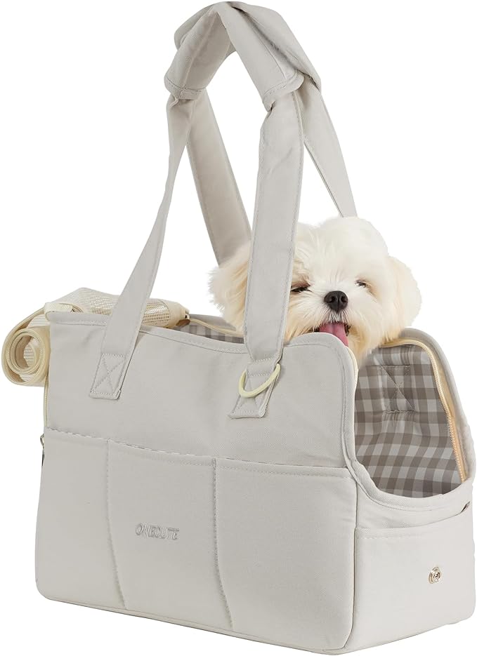 Dog Purse Carrier for Small Dogs Rabbit cat with Large Pockets, Cotton Bag, Dog Carrier Soft Sided, Collapsible Travel Puppy Carrier (Grey, 13.6" L x 6.5" W x 10" H)-PawvioPets