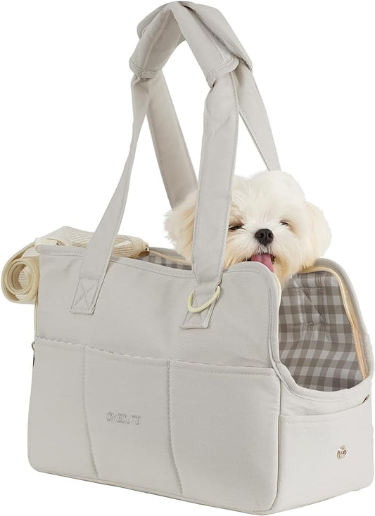 Dog Purse Carrier for Small Dogs Rabbit cat with Large Pockets, Cotton Bag, Dog Carrier Soft Sided, Collapsible Travel Puppy Carrier (Grey, 13.6" L x 6.5" W x 10" H)-PawvioPets