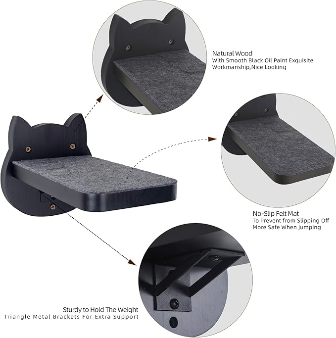 ESPETS Black Painted Solid Wood Cat Wall Climbing Steps Set of 3 - Wall Mounted Cat Floating Furniture Shelves and Perches, Sturdy Climber Stairs Ladders - Holds up 30lbs-PawvioPets