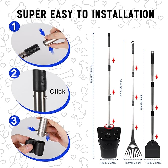 Dog Poop Scooper with 20 Bag Attachment Long Handle Swivel Bin, Rake & Spade Heavy Duty Easy to Clean Pooper Scooper for Large Medium Dogs Pet Waste Removal Solution for Yard, Grass, Gravel-PawvioPets