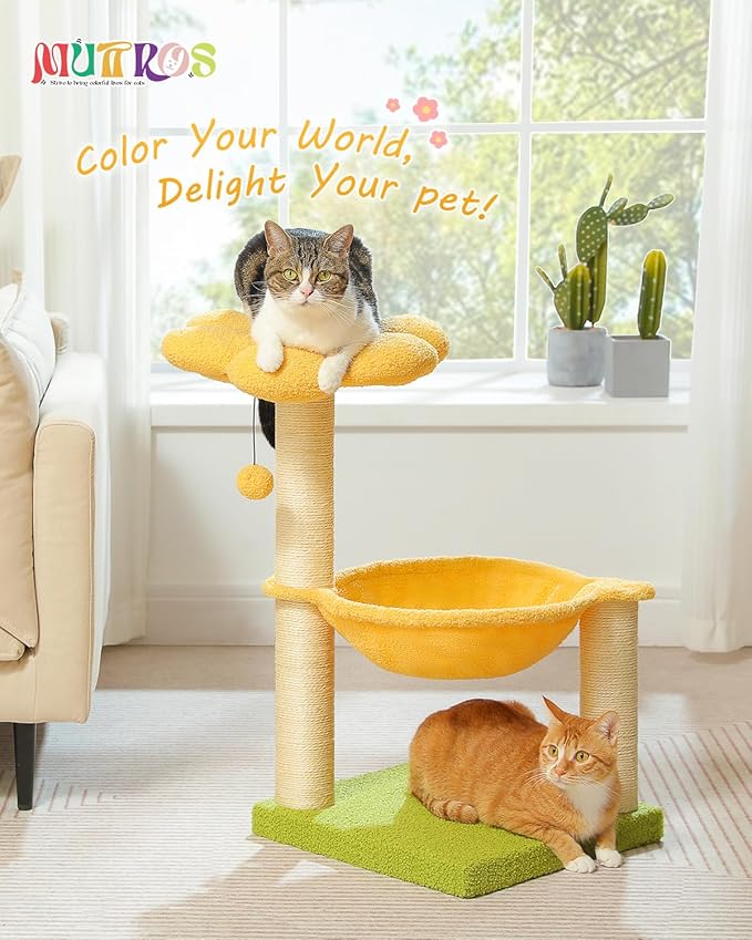 28" Flower Cat Tree Cute with Flower Top Perch, Large Hammock for Indoor Small Cats, Small Cat Tower with Cute Scratching Post and Fur Toy Ball for Kittens, Yellow-PawvioPets