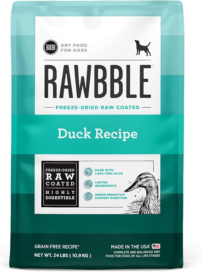 BIXBI Rawbble Dry Dog Food, Duck, 24 lbs - USA Made with Fresh Meat - No Meat Meal & No Corn, Soy or Wheat - Freeze Dried Raw Coated Dog Food - Minimally Processed for Superior Digestibility-PawvioPets