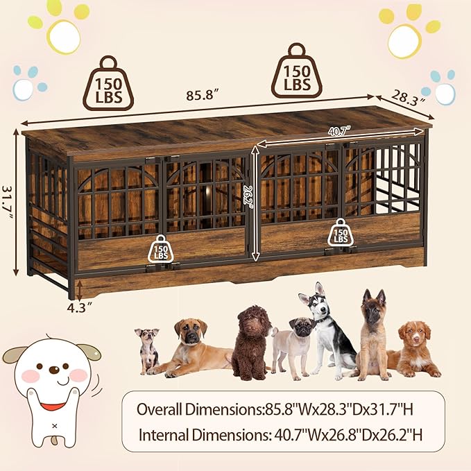 COZPAW 86 Inch Double Dog Crate Furniture for 2 Large Dogs, Decorative Dog Kennel Indoor TV Stand, Heavy Duty Wooden Dog Cage for Large Medium Dogs Sized Dog Pet House with Divider (Brown)-PawvioPets