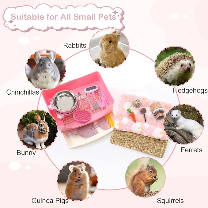 25 Pcs Large Rabbit Starter Kit, Bunny Litter Box with Drawer Animal Grooming Kit Stacking Cups Bowl Blankets Mat with Cleaning Set for Adult Guinea Pig, Ferret, Hamster, Bunnies Accessories (Pink)-PawvioPets