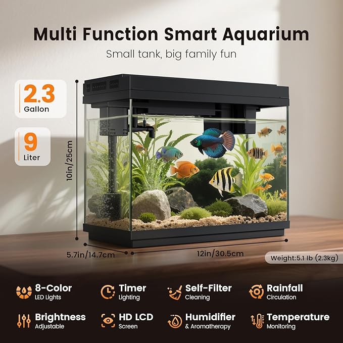Fishkeeper 2.3G Smart Aquarium - Ultra Clear Glass Fish Tank w/Auto Timer 8-Color RGB Lights, 4-in-1 Self-Cleaning Silent Water Pump, Aromatherapy, Temperature Display, Perfect for Desktop Decor-PawvioPets