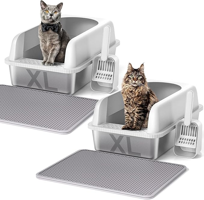 2 Pack Stainless Steel Cat Litter Box with Lid, 24" L x 16" W x 11.8" H, Extra Large Litter Box for Big Cats with High Sided, Anti-Urine Leakage, Easy Cleaning, Include Cat Mat and Scoop-PawvioPets