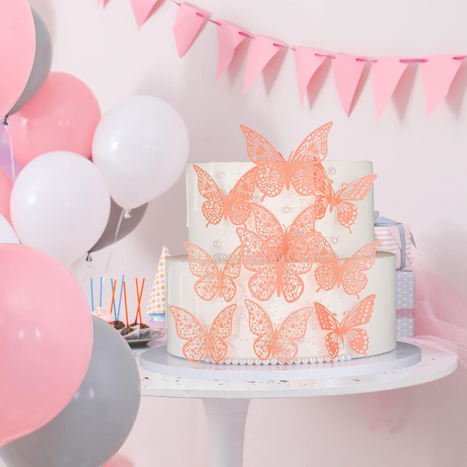 Gyufise 36 Pack Pink Glitter 3D Cupcake Toppers - Hollow Butterfly Cake Decorations for Birthday Wedding Fairy Party - Wall Sticker Decal for Background Wall Decoration