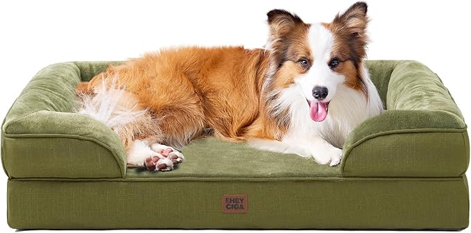 EHEYCIGA Orthopedic Dog Beds for Large Dogs, Waterproof Memory Foam Large Dog Bed with Sides, Non-Slip Bottom and Egg-Crate Foam Pet Couch Bed with Washable Removable Cover, Olive Green-PawvioPets