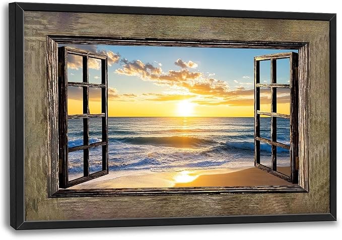 Beach Large Wall Art Sea Coastal Pictures Rustic Window Sunrise Wall Decor Canvas Print Painting Artwork for Bathroom Living Room Bedroom 36L" x 24W"-PawvioPets