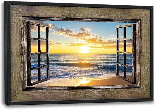 Beach Large Wall Art Sea Coastal Pictures Rustic Window Sunrise Wall Decor Canvas Print Painting Artwork for Bathroom Living Room Bedroom 36L" x 24W"-PawvioPets