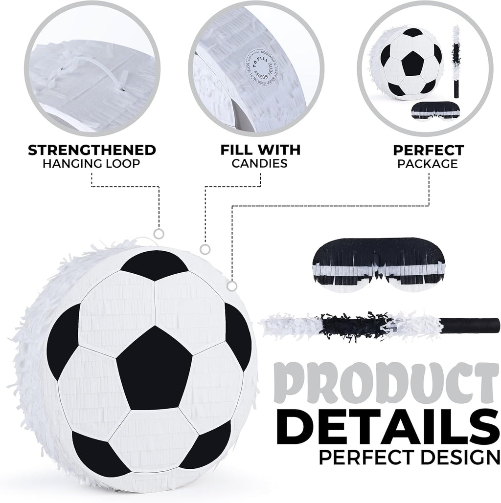 New Soccer Pinata Bundle with a Blindfold and Bat (13"x13"x4"), Soccer Ball Pinata for Birthday Party Boys, Perfect for Birthday Party, Sport Theme Party, Decoration