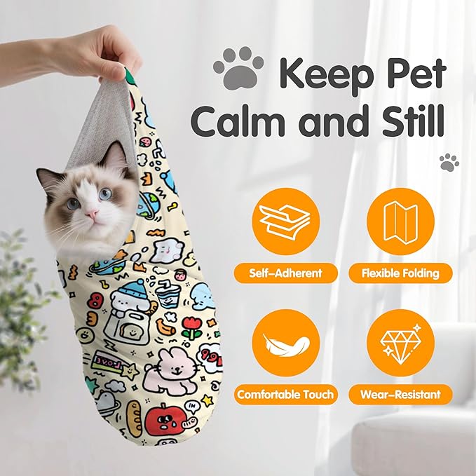 27.6" Large Cat Grooming Wrap, Cat Grooming Supplies, Cat Wrap for Cutting Nails, Self-Adhesive Cat Grooming Bag for Cats Within 15lbs Cat Restraint for Nail Clipping, Medicine Taking(Yellow)-PawvioPets