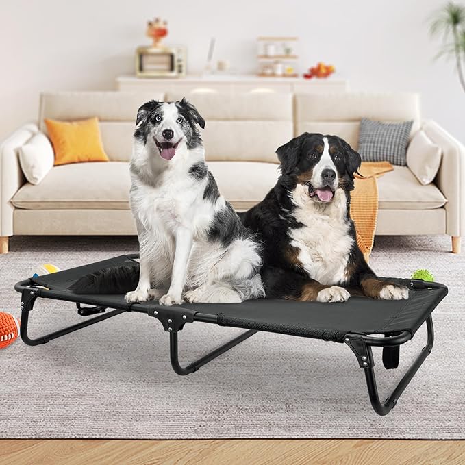 Elevated Dog Bed Large Sized Dog Cots Beds for Large Dogs Foldable Raised Dogs Beds Outdoor Cooling Chew-Proof, No Assembly Need, Black-PawvioPets