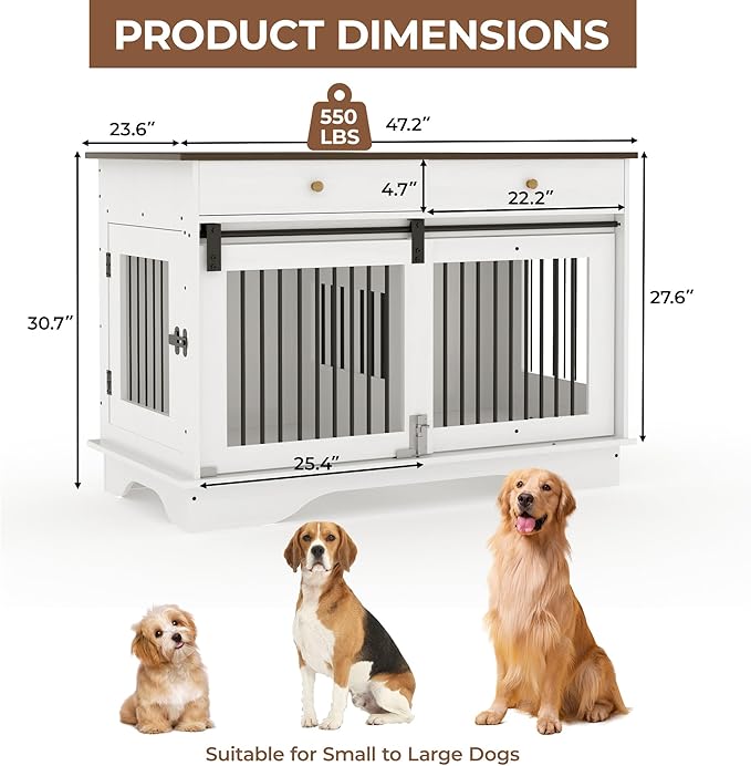 Dog Furniture Crate, 47" Large Dog Crate Furniture w/ 2 Storage Draws & Removable Divider for Large/Medium/Small Dogs (White, Double Cage)-PawvioPets