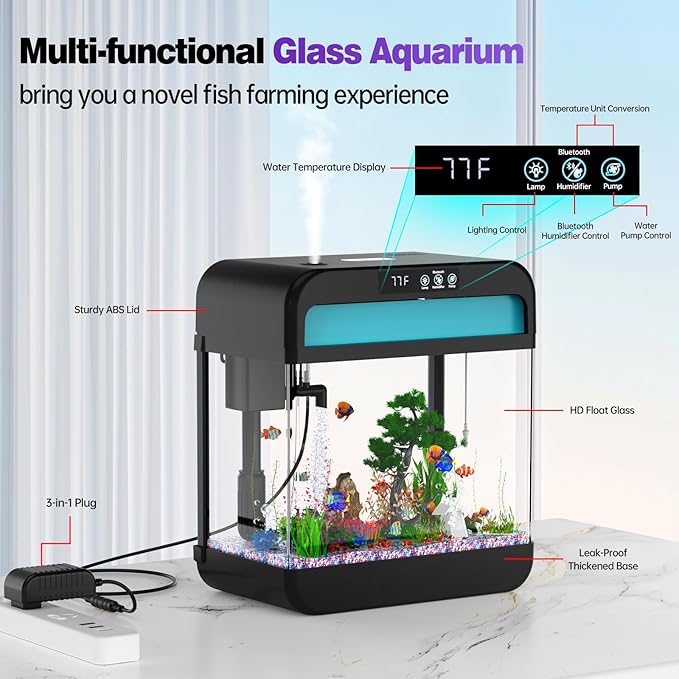 Fish Tank 2.2 Gallon Fish Aquarium with Music Humidifier 7 Color Auto-Looping Light Adjustable Water Pump with Filtration & Aeration & Circulation, Temperature Display, Bottom Water Changer-PawvioPets