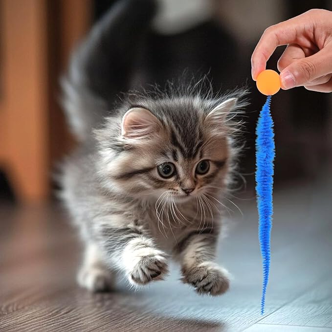6 Pcs Bouncy Ball for Cats, Colorful Fuzzy Bouncy Cat Worm Toy Ball Fuzzy Worms (Balls Colors are Random)-PawvioPets