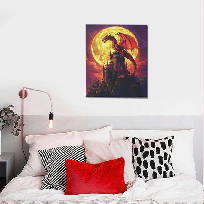 Dragon Bathroom Pictures Wall Art, Red Dragon Castle Bathroom Wall Decor, Framed Painting Canvas Artwork for Bedroom Living Room Decorations 24"L x 20"W-PawvioPets