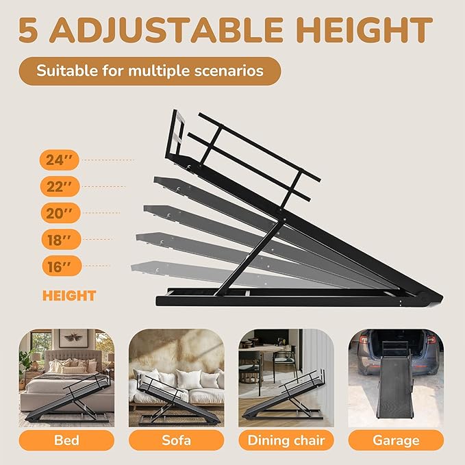 Dog Ramp for Bed, 5 Level Adjustable Dog Ramp for High Beds, Upgrade Rubber Mat High Traction Ramp with Safety Rails, Folding Pet Ramp for Bed, Couch,SUV, Natural Wood Pet Ramp for Small & Old Dogs-PawvioPets