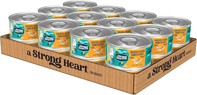 A Strong Heart Canned Wet Cat Food, Shredded Chicken Dinner in Gravy - 5.5 oz Cans (Pack of 24), Made in The USA with Real Chicken-PawvioPets