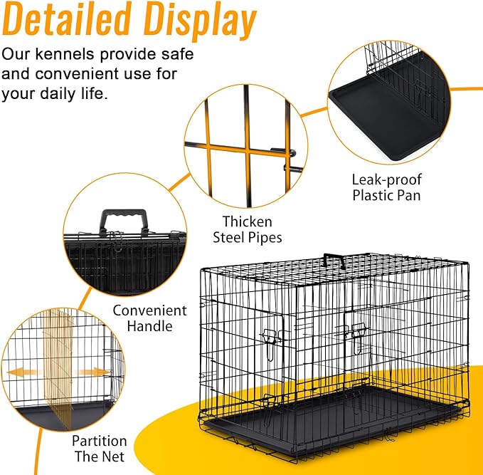 FDW Dog Crate for Medium Dogs 30 Inch Folding Metal WirePet Cage Double Door W/Divider Panel Indoor Outdoor Kennel Leak-Proof Plastic Tray,Black-PawvioPets