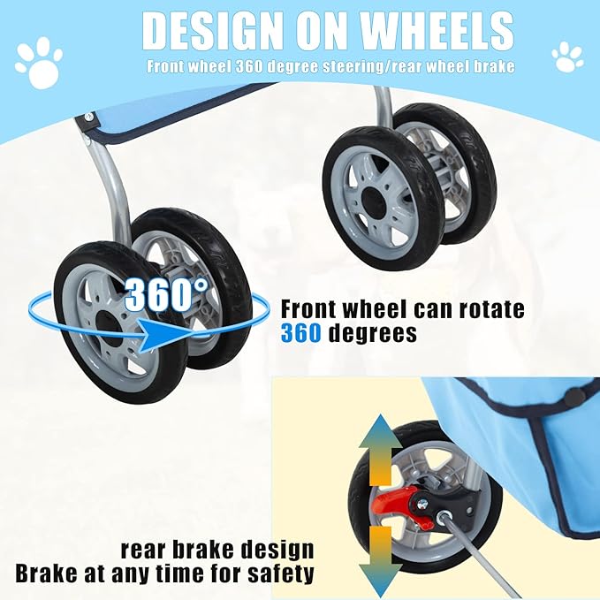 Dog Stroller, Folding 4 Wheels Pet Stroller for Small Medium Dog Cat Travel Carrier with Weather Cover Storage Basket Cup Holders Blue-PawvioPets