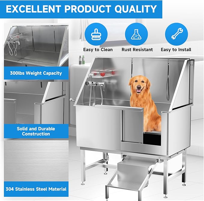 Dog Washing Station 50" Dog Grooming Tub with Right Stair& Faucet, Stainless Steel Dog Bathing Station for Home,Dog Bathtub for Large,Medium,Small Pets-PawvioPets