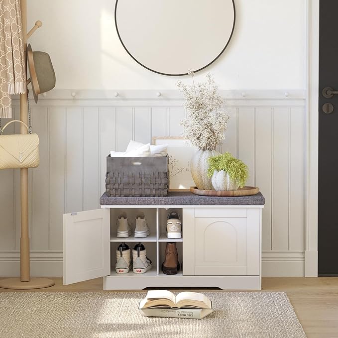 DINZI LVJ Shoe Bench, Entryway Storage Bench with Doors, Cushion, 2-Tier Shoe Rack with 6-Cubby, 31.5”L x 13.8”W Shoe Organizer Cabinet, Adjustable Shelf, Living Room, Bedroom, White-PawvioPets