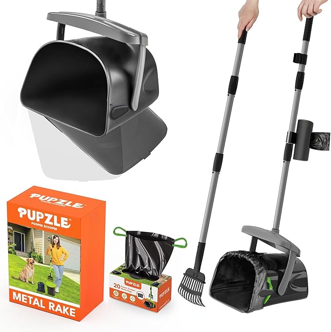 Dog Pooper Scooper with Bag Attachment, 40" Long Handle Pooper Scooper for Large Dogs, Dog Poop Scoop for Yard, Large Capacity Swivel Bin and Rake, Lavender Scented Bags (Grey)-PawvioPets