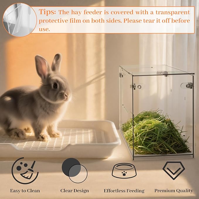 Acrylic Rabbit Hay Feeder with Lid, Transparent Hanging Food Dispenser Hay Feeder for Bunny Rabbits Guinea Pig Cage Chinchillas Hamsters Small Pets and Animals（Small-PawvioPets