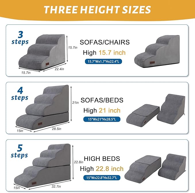 4-Step Dog Stairs and Ramp for Beds or Couches – Non-Slip Sturdy Pet Steps for Small Dogs and Cats,21" H,Grey-PawvioPets