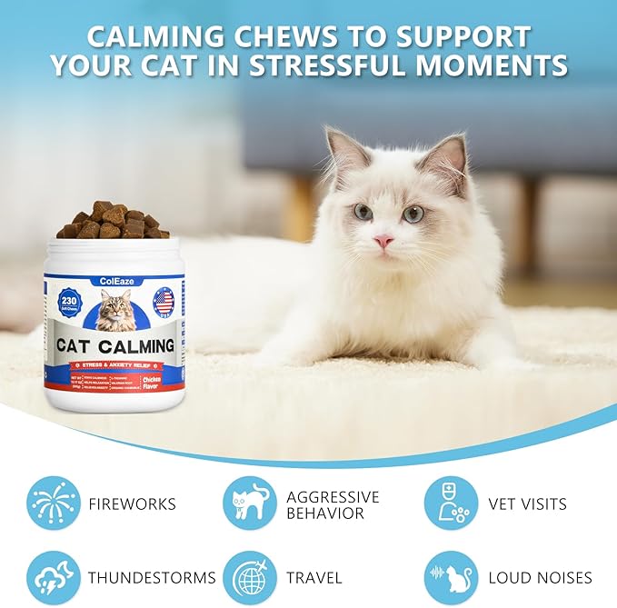 Calming Chews for Cats, Cat Calming Treats - Cat Anxiety Relief, Helps Reduce Stress & Promotes Relaxation for Travel, Boarding, Vet Visits, Separation Anxiety - Chicken (230 Soft Chews)-PawvioPets