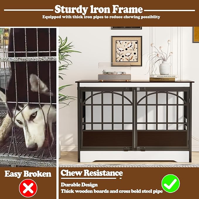 COZPAW 52 Inch Dog Crate Furniture, Extra Large Dog Kennel Indoor for XLarge Breed, Heavy Duty Dog Cage with Double Elegant Arched Doors, Decorate as TV Stand & End Table - White Brown-PawvioPets
