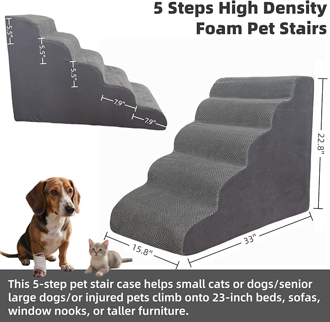 5 Step Pet Stairs Ramp for High Beds Sofas 5-30 Inch with Sturdy Non Slip Waterproof Pads, Machine Washable Cover Indoor Balanced Design for Cats Dogs Small Medium Large XL Pets Grey (Grey, Large, 1)-PawvioPets