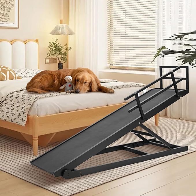 Dog Ramp, 5 Level Adjustable Height Folding Pet Ramp for High Bed, Portable Paw Ramps Large Bed Ramp for Medium & Large Old Dogs & Cats - Natural Wood Furniture Quality-PawvioPets