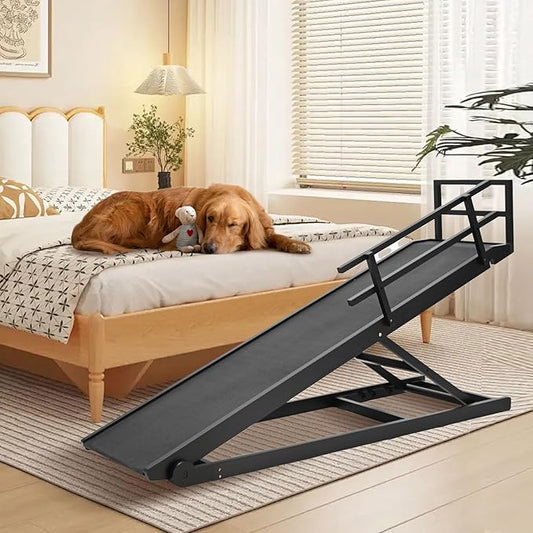Dog Ramp, 5 Level Adjustable Height Folding Pet Ramp for High Bed, Portable Paw Ramps Large Bed Ramp for Medium & Large Old Dogs & Cats - Natural Wood Furniture Quality-PawvioPets