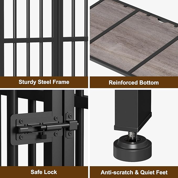 Easycom 41" Dog Crate Furniture Foldable, No Assembly Decorative Dog Kennel Indoor, Dog Crates for Large Dogs (40-65 lbs), Wooden Dog Cage with Adjustable Bowls and Name Tag, End Table, Oak Grey-PawvioPets