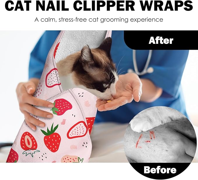 27.6" Cat Grooming Wrap, Self Adhesive Cat Wrap for Cutting Nails, Anti-Escape Calming Cat Swaddle Wrap for Medicine Ear Cleaning, Strawberry Anti-Scratch Cats Burrito Restraint Blanket, Pet Tool-PawvioPets