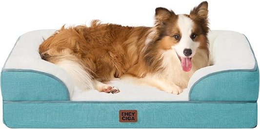 EHEYCIGA Orthopedic Dog Beds for Large Dogs, Waterproof Memory Foam Large Dog Bed with Sides, Non-Slip Bottom and Egg-Crate Foam Pet Couch Bed with Washable Removable Cover, Turquoise Blue-PawvioPets