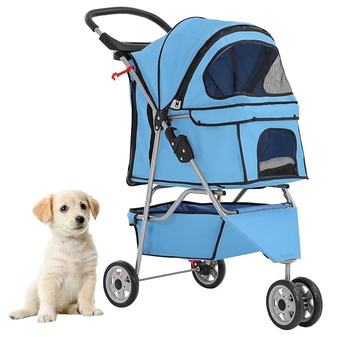Foldable Pet Stroller for Cats and Dogs 3 Wheels Carrier Strolling Cart with Weather Cover, Mesh Panels，Storage Basket Cup Holder，Blue-PawvioPets