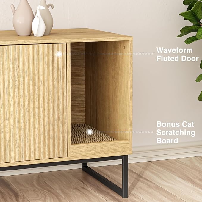 Cat Litter Box Enclosure, Fluted Hidden Litter Box Furniture with Scratch Pad and Metal Legs, Modern Enclosed Cat Cabinet, 31.5 x 17.7 x 21.7 Inches Indoor Pet House for Living Room, Washroom, Natural-PawvioPets