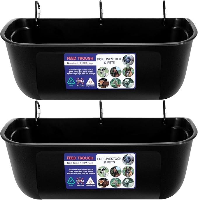 Goovilla Large Feed Trough, Hanging or Screw-in Fence Feeder with Clips, 2 Pack 9 Quart Goat Feeder Supplies, Dog Horse Hog Pig Livestock Poultry Plastic Feeder Trough Bucket for Large Animal, Black-PawvioPets