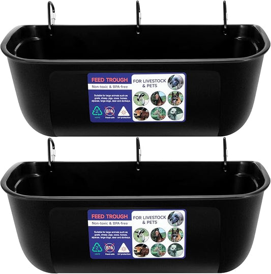 Goovilla Large Feed Trough, Hanging or Screw-in Fence Feeder with Clips, 2 Pack 9 Quart Goat Feeder Supplies, Dog Horse Hog Pig Livestock Poultry Plastic Feeder Trough Bucket for Large Animal, Black-PawvioPets